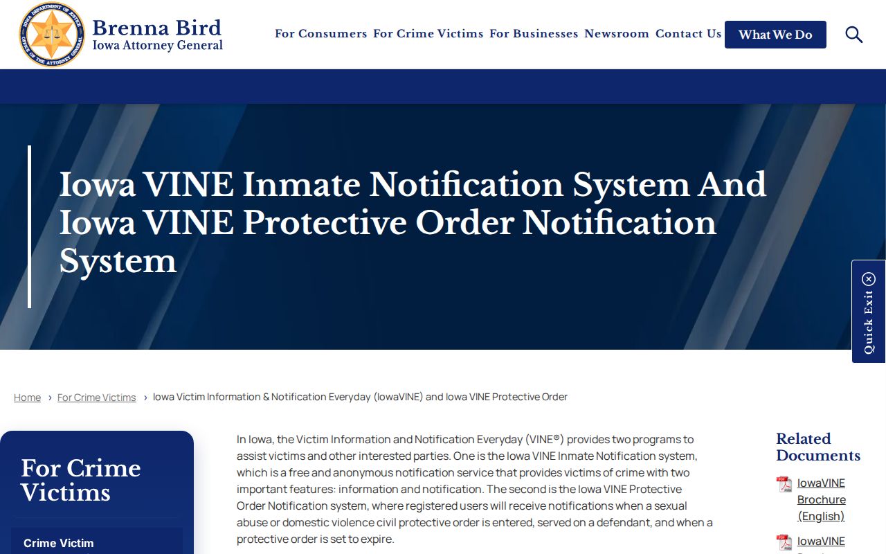 Iowa Attorney General IowaVINE release and transfer alert information for Lyon County