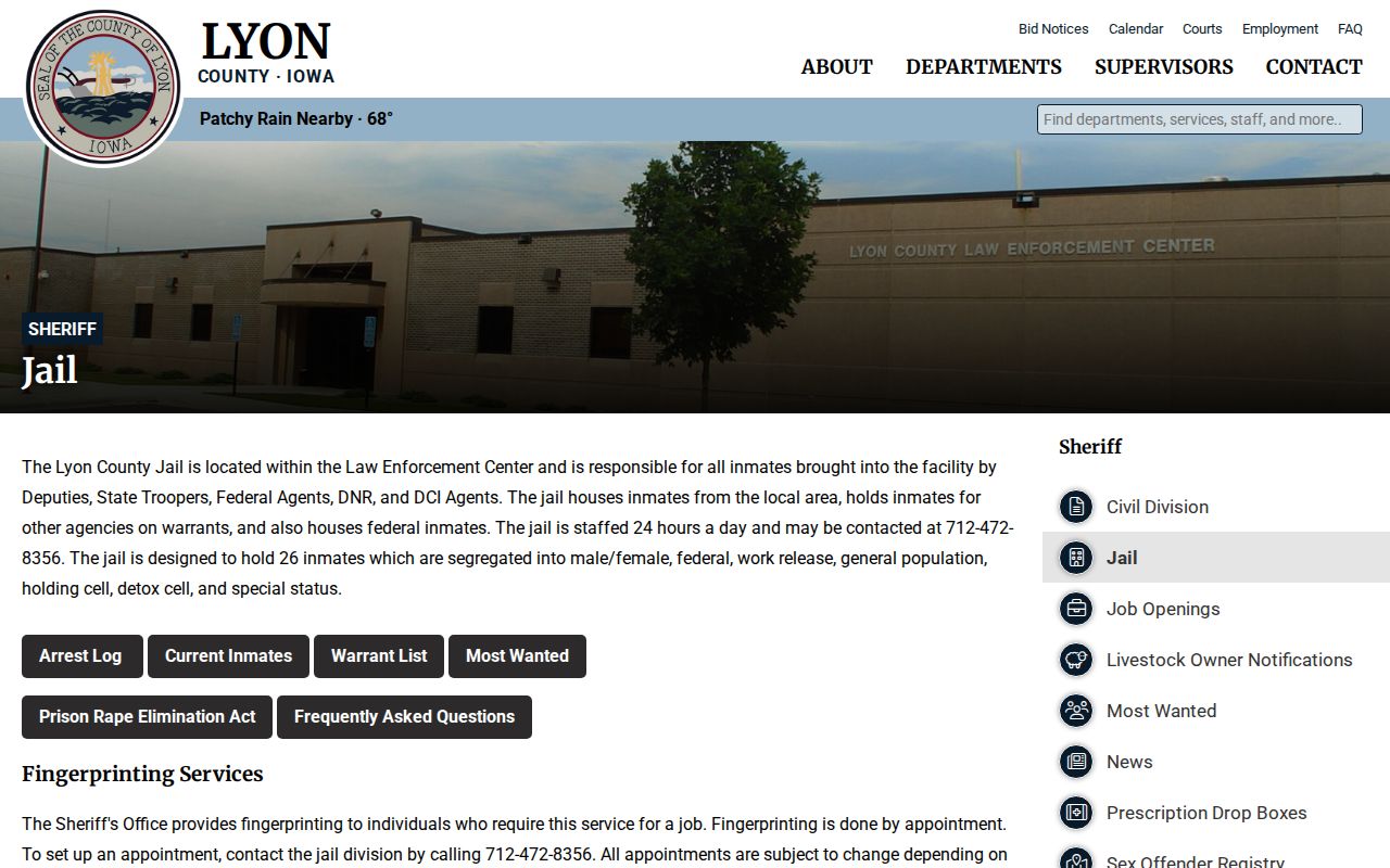 Official Lyon County Jail webpage with inmate and arrest information links